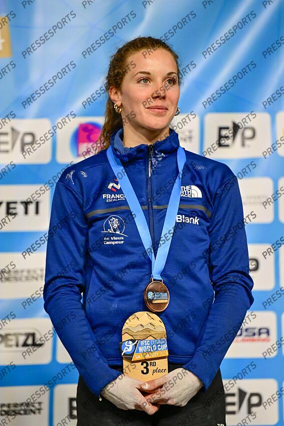 May 5, 2024; Salt Lake City, UTAH, USA; Naïle Meignan of France takes bronze in the IFSC World Cup women's boulder final at the USA Climbing National Training Center. Mandatory Credit: Christopher Creveling-USA TODAY Sports Climbing: IFSC Climbing World Cup 