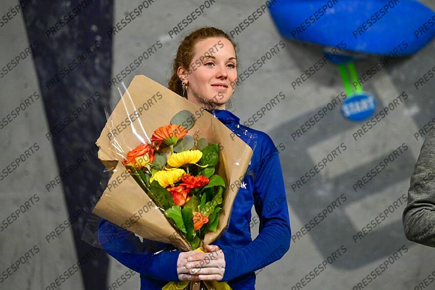 May 5, 2024; Salt Lake City, UTAH, USA; Naïle Meignan of France takes bronze in the IFSC World Cup women's boulder final at the USA Climbing National Training Center. Mandatory Credit: Christopher Creveling-USA TODAY Sports Climbing: IFSC Climbing World Cup 