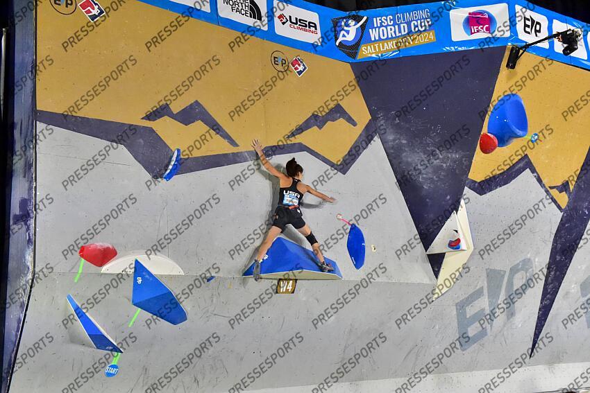 May 5, 2024; Salt Lake City, UTAH, USA; Natalia Grossman of the United States of America competes in the IFSC World Cup women's boulder final at the USA Climbing National Training Center. Mandatory Credit: Christopher Creveling-USA TODAY Sports Climbing: IFSC Climbing World Cup 