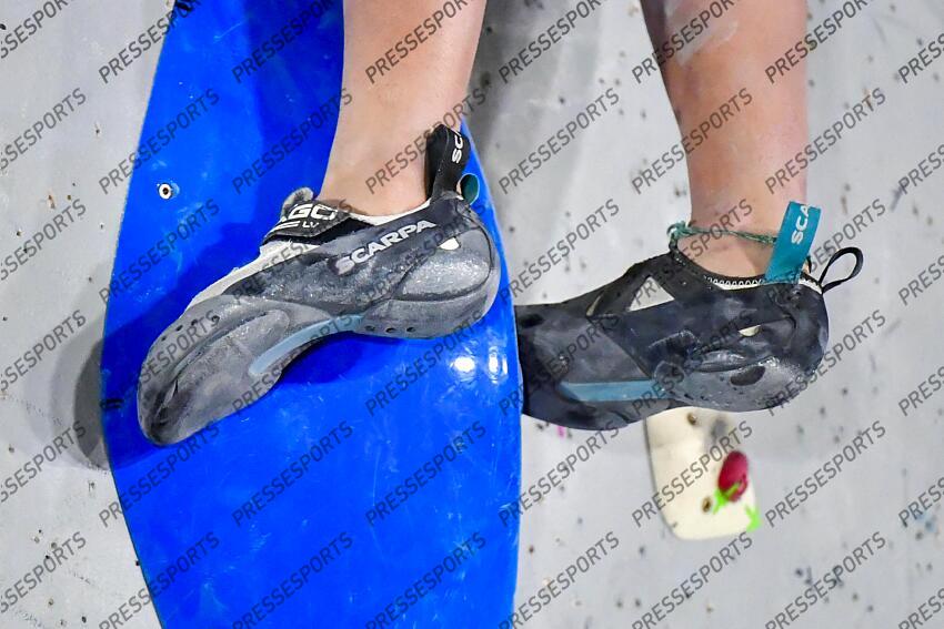 May 5, 2024; Salt Lake City, UTAH, USA; Oriane Bertone of France competes in the IFSC World Cup women's boulder final at the USA Climbing National Training Center. Mandatory Credit: Christopher Creveling-USA TODAY Sports Climbing: IFSC Climbing World Cup 