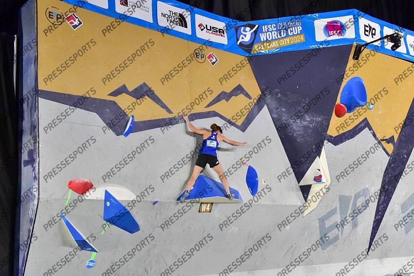May 5, 2024; Salt Lake City, UTAH, USA; Oriane Bertone of France competes in the IFSC World Cup women's boulder final at the USA Climbing National Training Center. Mandatory Credit: Christopher Creveling-USA TODAY Sports Climbing: IFSC Climbing World Cup 