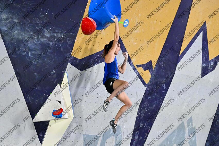 May 5, 2024; Salt Lake City, UTAH, USA; Oriane Bertone of France celebrates after finishing a problem competing in the IFSC World Cup women's boulder final at the USA Climbing National Training Center. Mandatory Credit: Christopher Creveling-USA TODAY Sports Climbing: IFSC Climbing World Cup 