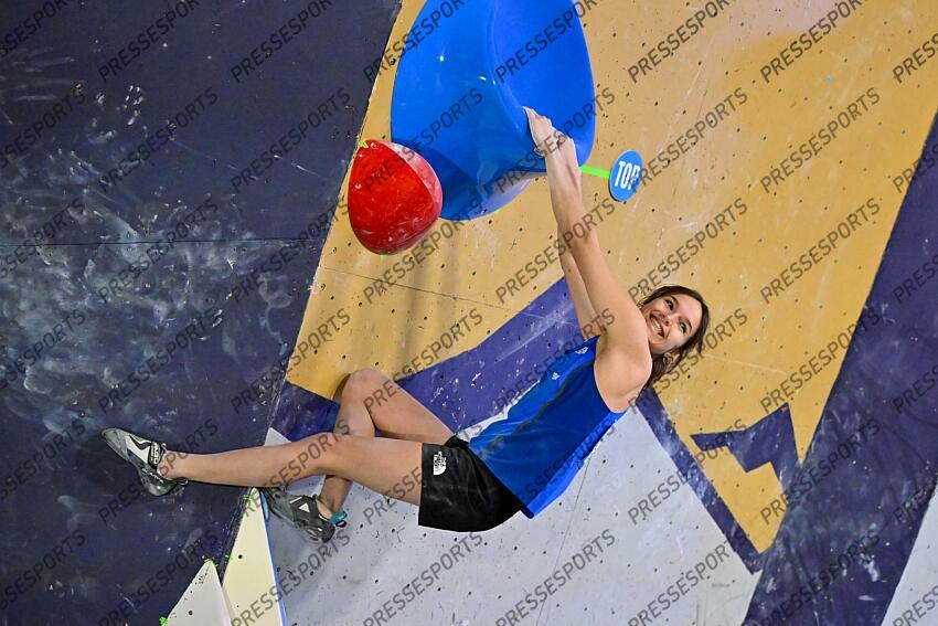 May 5, 2024; Salt Lake City, UTAH, USA; Oriane Bertone of France celebrates after completing a problem competing in the IFSC World Cup women's boulder final at the USA Climbing National Training Center. Mandatory Credit: Christopher Creveling-USA TODAY Sports Climbing: IFSC Climbing World Cup 