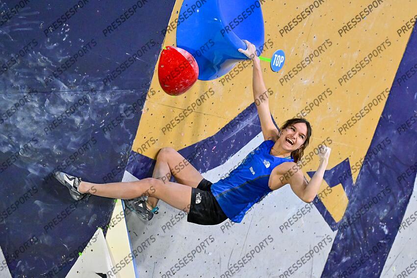 May 5, 2024; Salt Lake City, UTAH, USA; Oriane Bertone of France celebrates after finishing a problem competing in the IFSC World Cup women's boulder final at the USA Climbing National Training Center. Mandatory Credit: Christopher Creveling-USA TODAY Sports Climbing: IFSC Climbing World Cup 