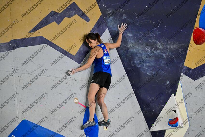 May 5, 2024; Salt Lake City, UTAH, USA; Oriane Bertone of France competes in the IFSC World Cup women's boulder final at the USA Climbing National Training Center. Mandatory Credit: Christopher Creveling-USA TODAY Sports Climbing: IFSC Climbing World Cup 