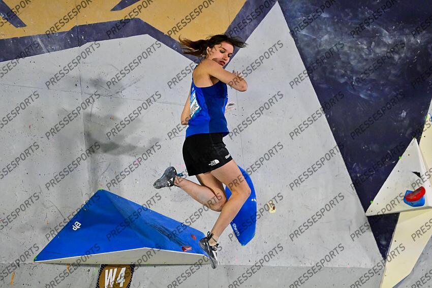 May 5, 2024; Salt Lake City, UTAH, USA; Oriane Bertone of France falls while competing in the IFSC World Cup women's boulder final at the USA Climbing National Training Center. Mandatory Credit: Christopher Creveling-USA TODAY Sports Climbing: IFSC Climbing World Cup 