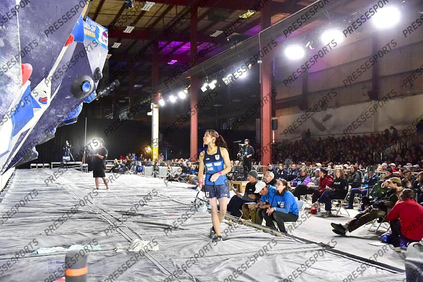 May 5, 2024; Salt Lake City, UTAH, USA; Mao Nakamura of Japan competes in the IFSC World Cup women's boulder final at the USA Climbing National Training Center. Mandatory Credit: Christopher Creveling-USA TODAY Sports Climbing: IFSC Climbing World Cup 