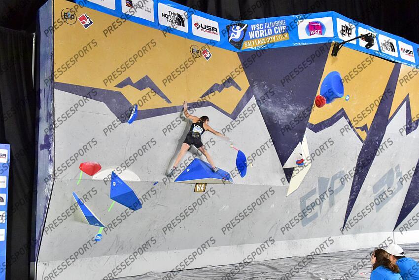 May 5, 2024; Salt Lake City, UTAH, USA; Brooke Raboutou of the United States of America competes in the IFSC World Cup women's boulder final at the USA Climbing National Training Center. Mandatory Credit: Christopher Creveling-USA TODAY Sports Climbing: IFSC Climbing World Cup 