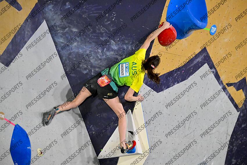 May 5, 2024; Salt Lake City, UTAH, USA; Oceania Mackenzie of Australia competes in the IFSC World Cup women's boulder final at the USA Climbing National Training Center. Mandatory Credit: Christopher Creveling-USA TODAY Sports Climbing: IFSC Climbing World Cup 