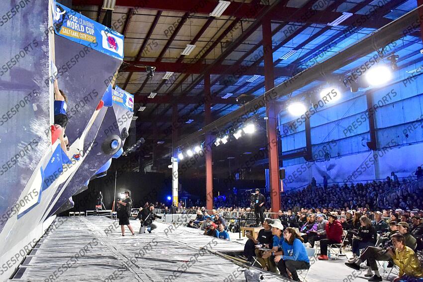 May 5, 2024; Salt Lake City, UTAH, USA; Naïle Meignan of France competes in the IFSC World Cup women's boulder final at the USA Climbing National Training Center. Mandatory Credit: Christopher Creveling-USA TODAY Sports Climbing: IFSC Climbing World Cup 