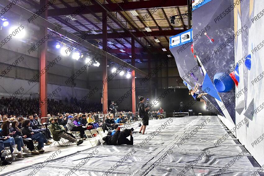 May 5, 2024; Salt Lake City, UTAH, USA; Oriane Bertone of France competes in the IFSC World Cup women's boulder final at the USA Climbing National Training Center. Mandatory Credit: Christopher Creveling-USA TODAY Sports Climbing: IFSC Climbing World Cup 