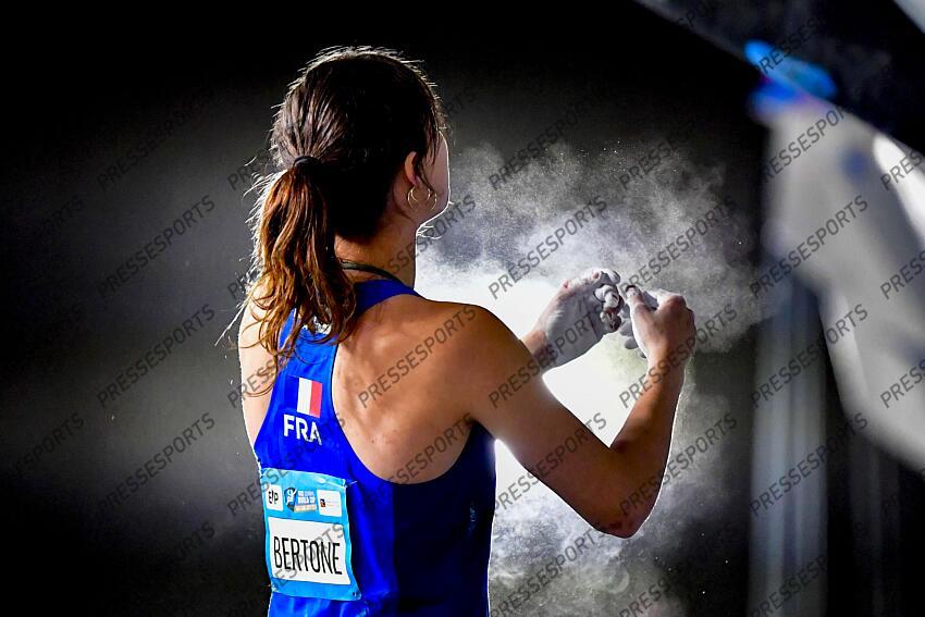 May 5, 2024; Salt Lake City, UTAH, USA; Oriane Bertone of France chalks up while competing in the IFSC World Cup women's boulder final at the USA Climbing National Training Center. Mandatory Credit: Christopher Creveling-USA TODAY Sports Climbing: IFSC Climbing World Cup 