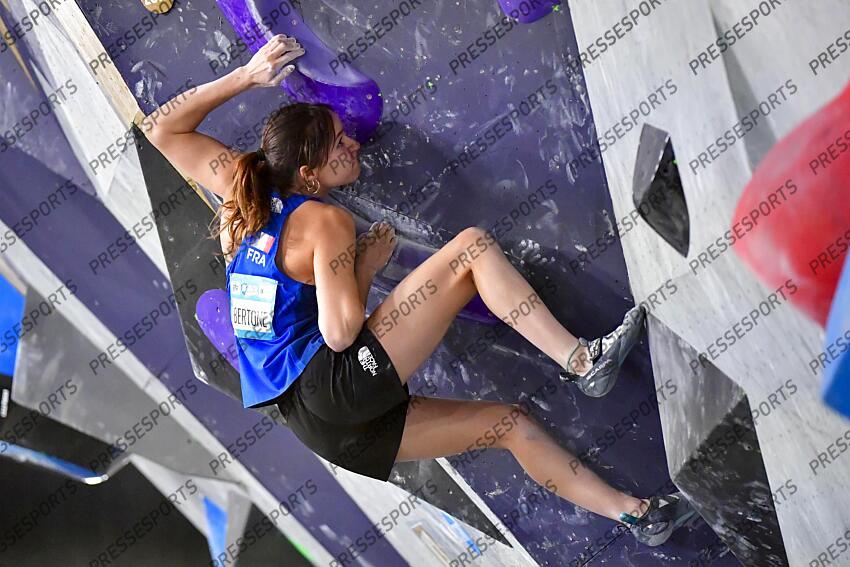 May 5, 2024; Salt Lake City, UTAH, USA; Oriane Bertone of France competes in the IFSC World Cup women's boulder final at the USA Climbing National Training Center. Mandatory Credit: Christopher Creveling-USA TODAY Sports Climbing: IFSC Climbing World Cup 