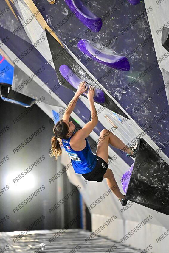 May 5, 2024; Salt Lake City, UTAH, USA; Oriane Bertone of France competes in the IFSC World Cup women's boulder final at the USA Climbing National Training Center. Mandatory Credit: Christopher Creveling-USA TODAY Sports Climbing: IFSC Climbing World Cup 
