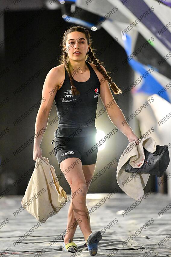 May 5, 2024; Salt Lake City, UTAH, USA; Brooke Raboutou of the United States of America while competing in the IFSC World Cup women's boulder final at the USA Climbing National Training Center. Mandatory Credit: Christopher Creveling-USA TODAY Sports Climbing: IFSC Climbing World Cup 