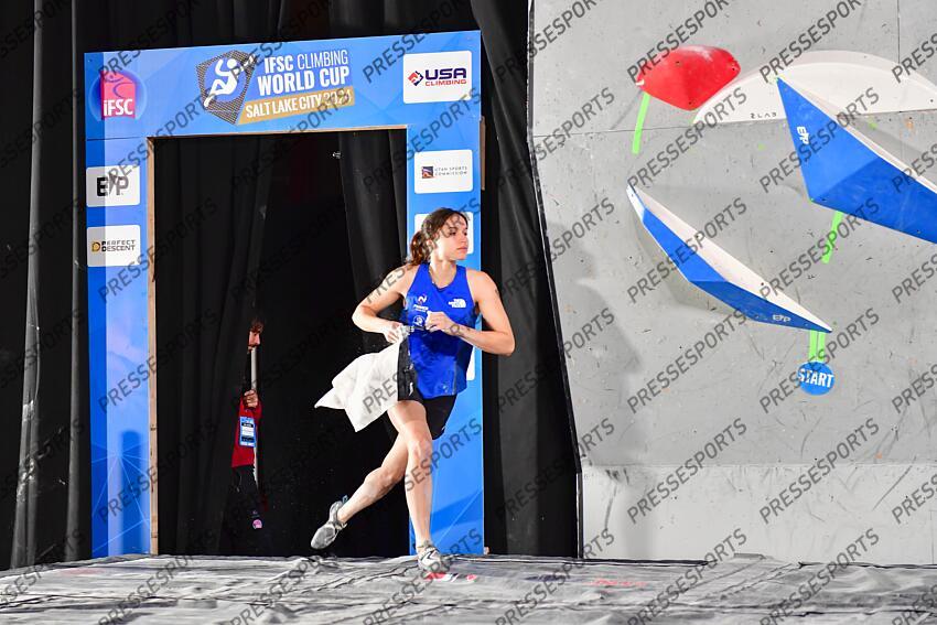 May 5, 2024; Salt Lake City, UTAH, USA; Oriane Bertone of France runs on the mat while competing in the IFSC World Cup women's boulder final at the USA Climbing National Training Center. Mandatory Credit: Christopher Creveling-USA TODAY Sports Climbing: IFSC Climbing World Cup 