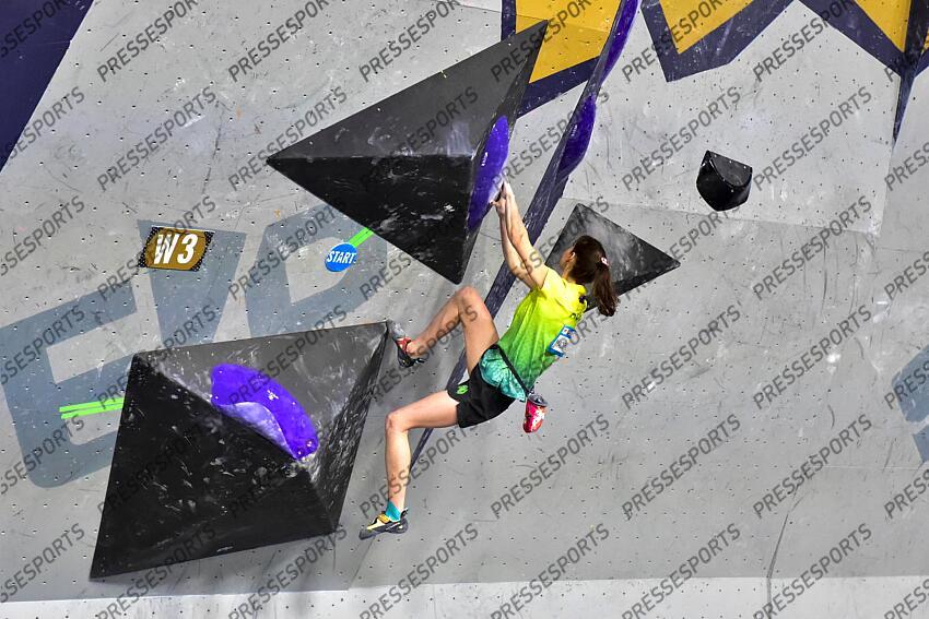 May 5, 2024; Salt Lake City, UTAH, USA; Oceania Mackenzie of Australia competes in the IFSC World Cup women's boulder final at the USA Climbing National Training Center. Mandatory Credit: Christopher Creveling-USA TODAY Sports Climbing: IFSC Climbing World Cup 