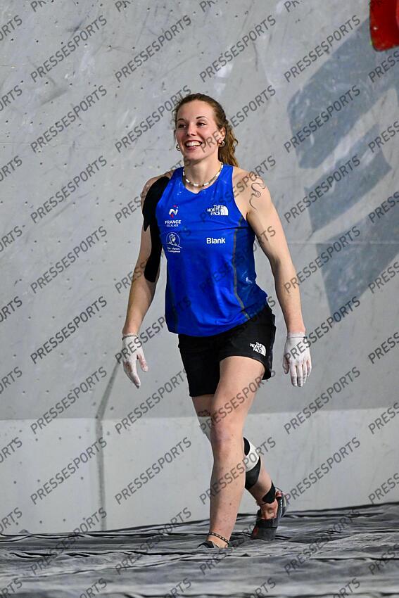 May 5, 2024; Salt Lake City, UTAH, USA; Naïle Meignan of France celebrates after finishing a problem while competing in the IFSC World Cup women's boulder final at the USA Climbing National Training Center. Mandatory Credit: Christopher Creveling-USA TODAY Sports Climbing: IFSC Climbing World Cup 