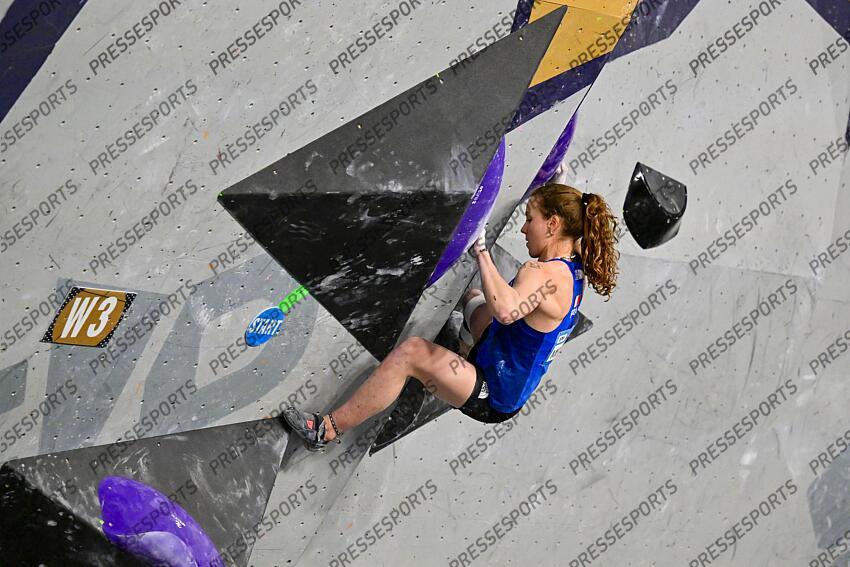 May 5, 2024; Salt Lake City, UTAH, USA; Naïle Meignan of France competes in the IFSC World Cup women's boulder final at the USA Climbing National Training Center. Mandatory Credit: Christopher Creveling-USA TODAY Sports Climbing: IFSC Climbing World Cup 