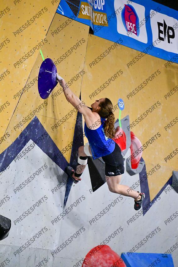 May 5, 2024; Salt Lake City, UTAH, USA; Naïle Meignan of France finishes a problem while competing in the IFSC World Cup women's boulder final at the USA Climbing National Training Center. Mandatory Credit: Christopher Creveling-USA TODAY Sports Climbing: IFSC Climbing World Cup 