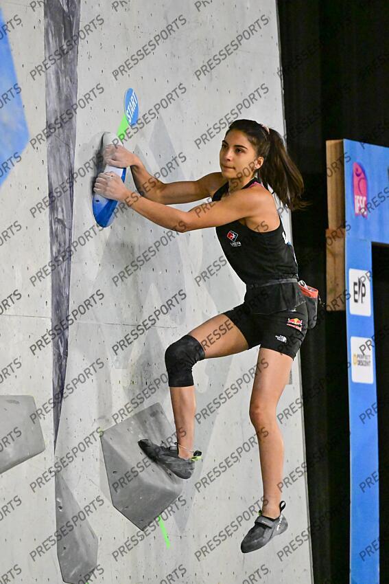 May 5, 2024; Salt Lake City, UTAH, USA; Natalia Grossman of the United States of America competes in the IFSC World Cup women's boulder final at the USA Climbing National Training Center. Mandatory Credit: Christopher Creveling-USA TODAY Sports Climbing: IFSC Climbing World Cup 