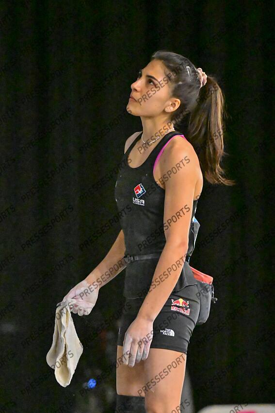 May 5, 2024; Salt Lake City, UTAH, USA; Natalia Grossman of the United States of America competes in the IFSC World Cup women's boulder final at the USA Climbing National Training Center. Mandatory Credit: Christopher Creveling-USA TODAY Sports Climbing: IFSC Climbing World Cup 