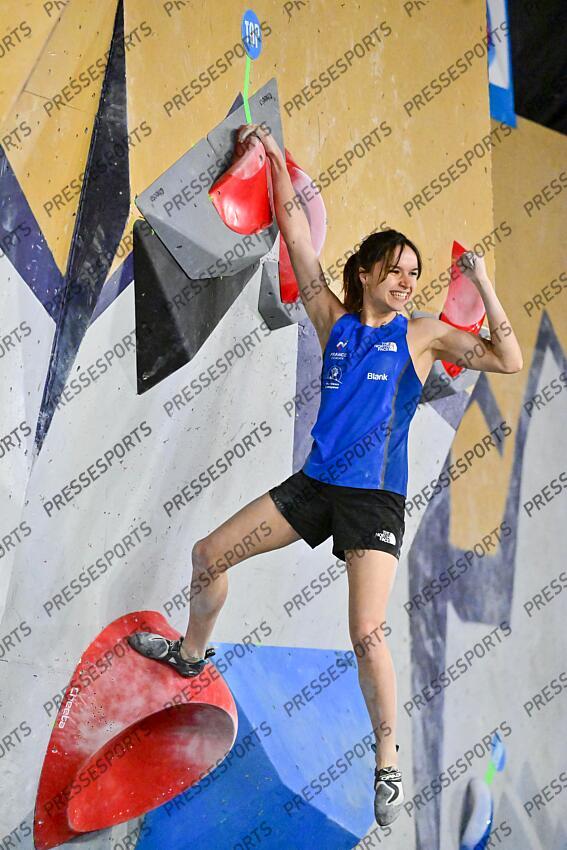 May 5, 2024; Salt Lake City, UTAH, USA; Oriane Bertone of France finishes a problem while competing in the IFSC World Cup women's boulder final at the USA Climbing National Training Center. Mandatory Credit: Christopher Creveling-USA TODAY Sports Climbing: IFSC Climbing World Cup 