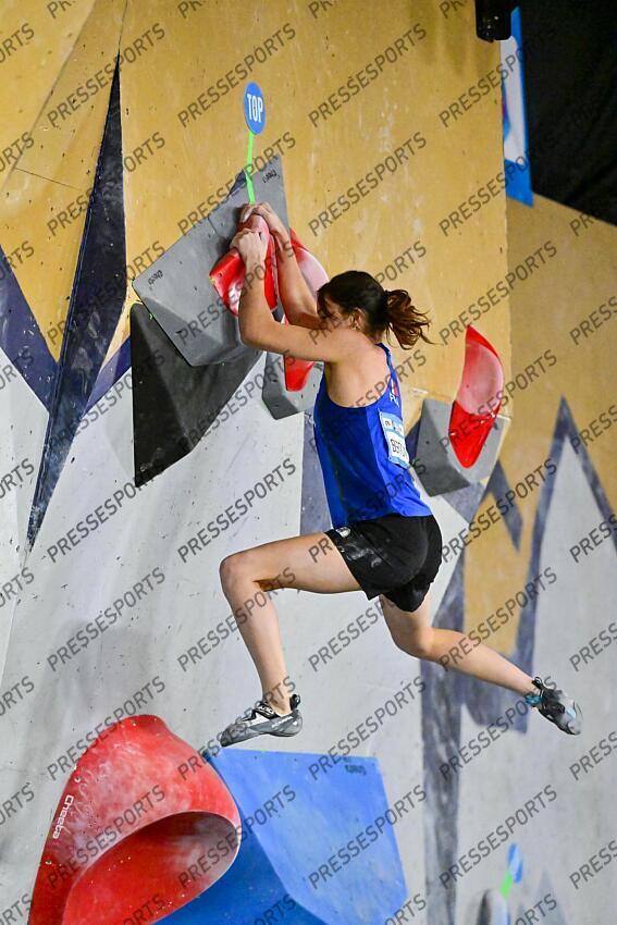May 5, 2024; Salt Lake City, UTAH, USA; Oriane Bertone of France competes in the IFSC World Cup women's boulder final at the USA Climbing National Training Center. Mandatory Credit: Christopher Creveling-USA TODAY Sports Climbing: IFSC Climbing World Cup 