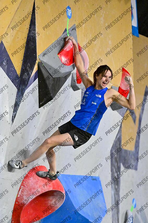 May 5, 2024; Salt Lake City, UTAH, USA; Oriane Bertone of France finishes a problem while competing in the IFSC World Cup women's boulder final at the USA Climbing National Training Center. Mandatory Credit: Christopher Creveling-USA TODAY Sports Climbing: IFSC Climbing World Cup 