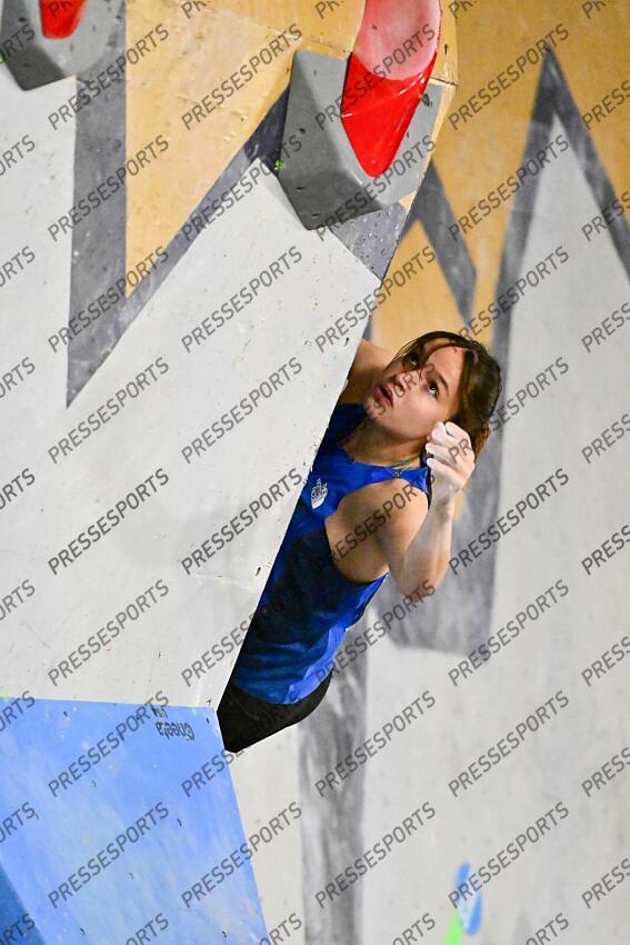 May 5, 2024; Salt Lake City, UTAH, USA; Oriane Bertone of France competes in the IFSC World Cup women's boulder final at the USA Climbing National Training Center. Mandatory Credit: Christopher Creveling-USA TODAY Sports Climbing: IFSC Climbing World Cup 
