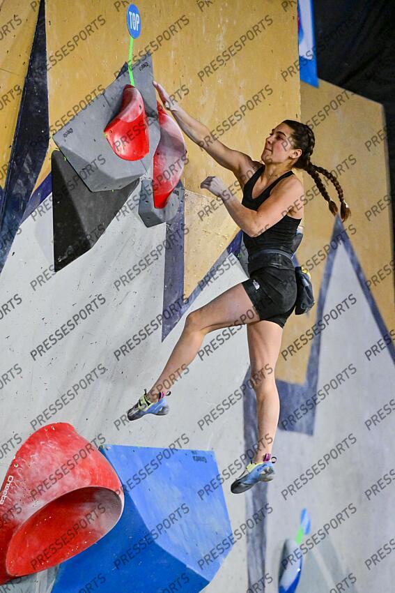 May 5, 2024; Salt Lake City, UTAH, USA; Brooke Raboutou of the United States of America leaps to the final hold while competing in the IFSC World Cup women's boulder final at the USA Climbing National Training Center. Mandatory Credit: Christopher Creveling-USA TODAY Sports Climbing: IFSC Climbing World Cup 