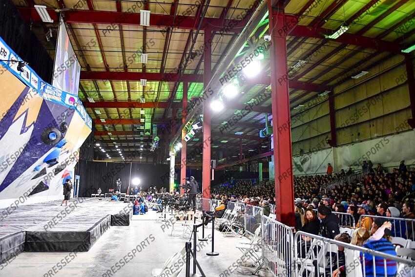 May 5, 2024; Salt Lake City, UTAH, USA; A general view of the IFSC World Cup women's boulder final at the USA Climbing National Training Center. Mandatory Credit: Christopher Creveling-USA TODAY Sports Climbing: IFSC Climbing World Cup 
