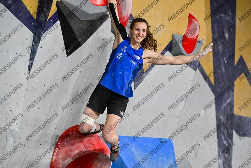 May 5, 2024; Salt Lake City, UTAH, USA; Naïlé Meignan of France finishes a boulder problem in the IFSC World Cup women's boulder final at the USA Climbing National Training Center. Mandatory Credit: Christopher Creveling-USA TODAY Sports Climbing: IFSC Climbing World Cup 