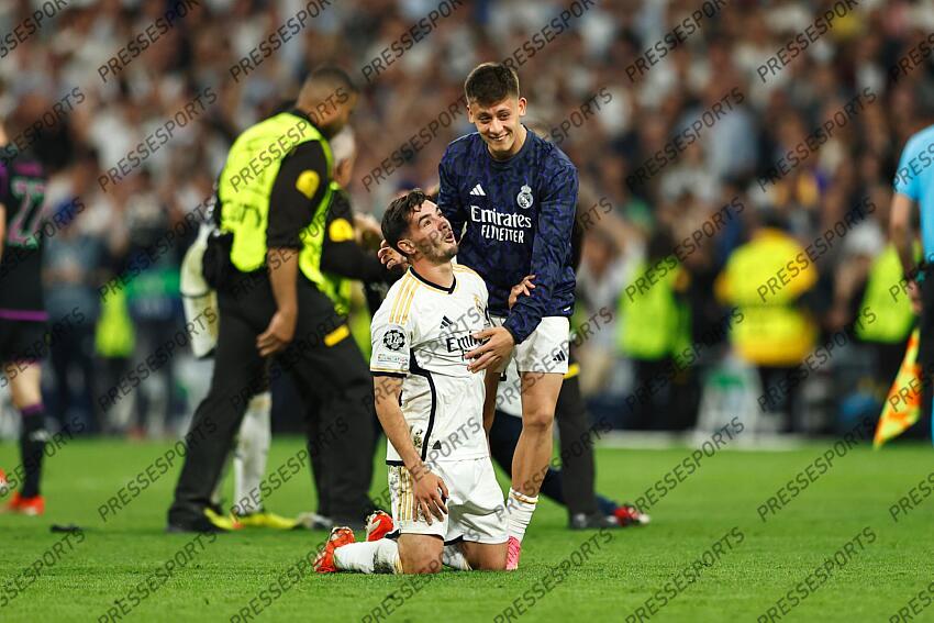 (L-R) Brahim Diaz, Arda Guler (Real), MAY 8, 2024 - Football / Soccer : Brahim and Guler celebrate after winning UEFA Champions League Semi finals 2nd leg match between Real Madrid CF 2-1 FC Bayern Munchen at the Estadio Santiago Bernabeu in Madrid, Spain. (Photo by Mutsu Kawamori/AFLO) REAL MADRID-BAYERN MUNICH (2-1) 