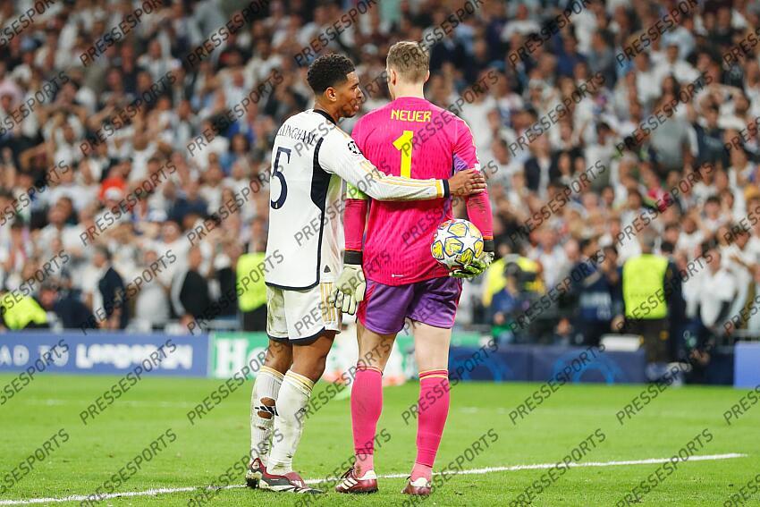 (L-R) Jude Bellingham (Real), Manuel Neuer (Bayern), MAY 8, 2024 - Football / Soccer : UEFA Champions League Semi-finals 2nd leg match between Real Madrid CF 2-1 FC Bayern Munchen at the Estadio Santiago Bernabeu in Madrid, Spain. (Photo by Mutsu Kawamori/AFLO) REAL MADRID-BAYERN MUNICH (2-1) 