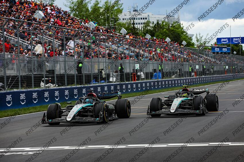 #63 George Russell (GBR, Mercedes-AMG Petronas F1 Team), #44 Lewis Hamilton (GBR, Mercedes-AMG Petronas F1 Team), F1 Grand Prix of Canada at Circuit Gilles-Villeneuve on June 9, 2024 in Montreal, Canada. (Photo by HOCH ZWEI) GRAND PRIX DU CANADA 