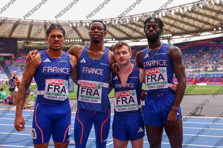 11 juin 2024 - Championnats Europe athletisme Rome 2024 - Aymeric PRIAM Ryan Zeze Jeff Erius Antoine Thoraval - 4xA00 m - Serie CHAMPIONNATS D'EUROPE 