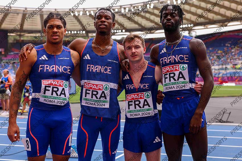 11 juin 2024 - Championnats Europe athletisme Rome 2024 - Aymeric PRIAM Ryan Zeze Jeff Erius Antoine Thoraval - 4xA00 m - Serie CHAMPIONNATS D'EUROPE 