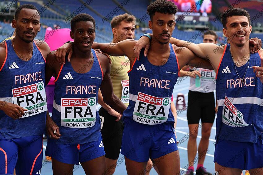 11 juin 2024 - Championnats Europe athletisme Rome 2024 - Yann Spillmann Teo Andant Gilles Biron David SOMBE - 4x400 m - Serie CHAMPIONNATS D'EUROPE 