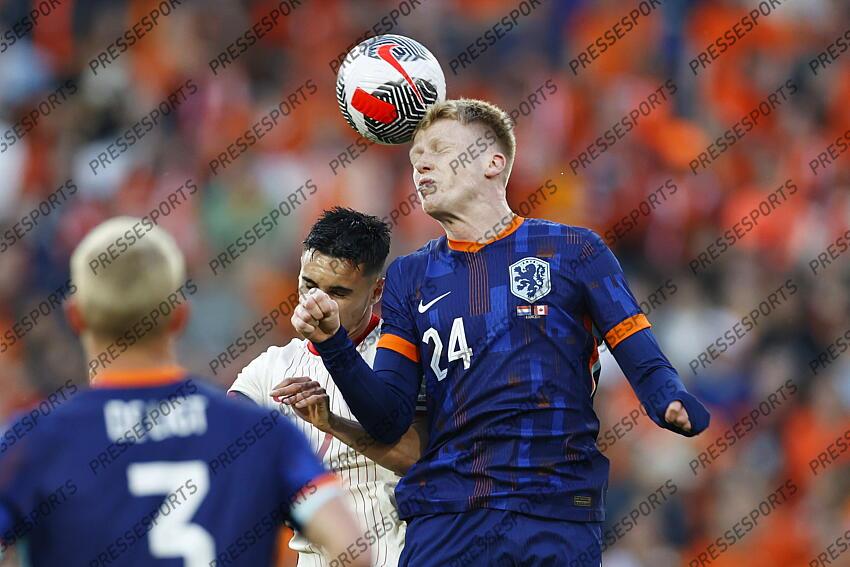 ROTTERDAM - (l-r) Stephen Eustaquio of Canada, Jerdy Schouten of Holland during the friendly Interland match between the Netherlands and Canada at Feyenoord Stadium de Kuip on June 6, 2024 in Rotterdam, Netherlands. ANP MAURICE VAN STEEN PAYS-BAS-CANADA (4-0) 