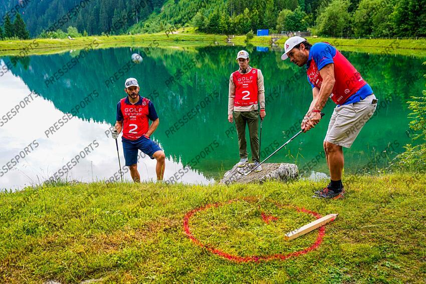 AUTRICHE, KITZBUHEL 27 JUIN: Cyprien Sarrazin of Team France, Clement Noel of Team France, Johan Clarey of Team France durant une partie de golf sur la Streif, piste mythique de descente de Kitzbuhel le 27 juin 2024, en Autriche. (Photo by Michel Cottin/Agence Zoom) GOLF SUR LA STREIF 