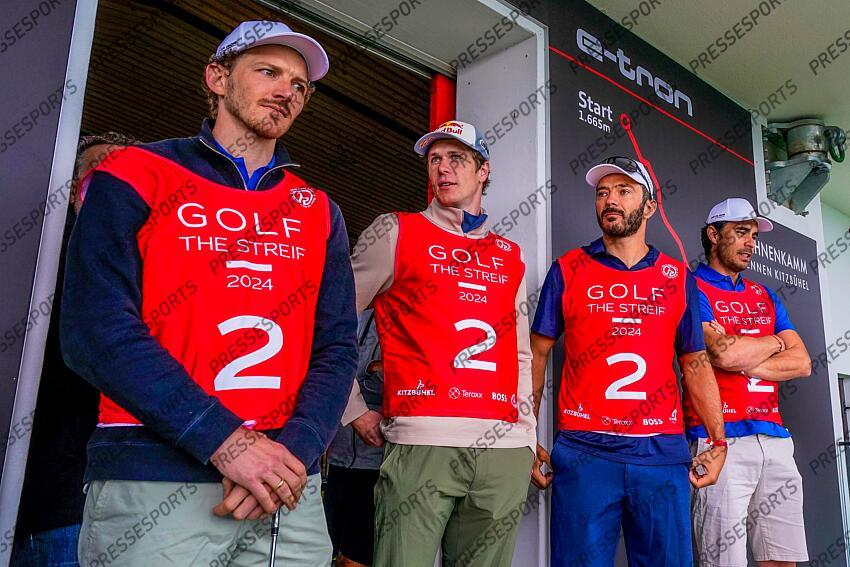 AUTRICHE, KITZBUHEL 27 JUIN: Clement Noel of Team France, Cyprien Sarrazin of Team France, Johan Clarey of Team France, Linus Strasser of Team Germany durant une partie de golf sur la Streif, piste mythique de descente de Kitzbuhel le 27 juin 2024, en Autriche. (Photo by Michel Cottin/Agence Zoom) GOLF SUR LA STREIF 