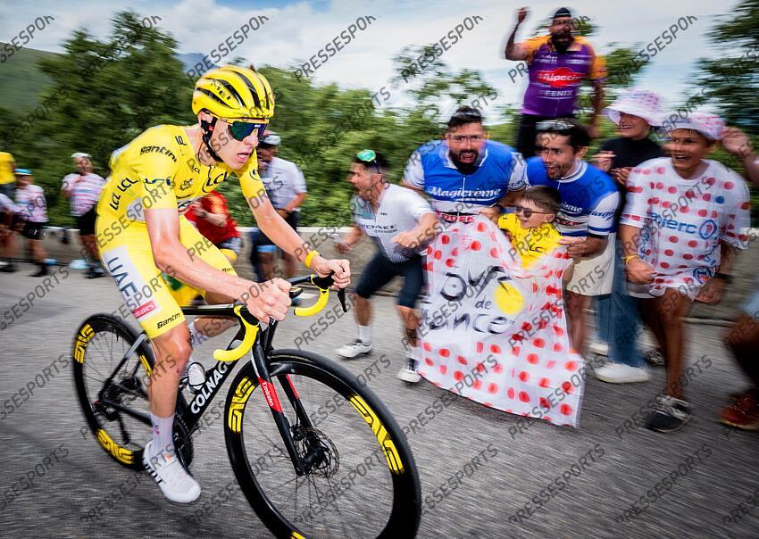 FRANCE, PAU - JULY 13: Tadej Pogacar of Team Slovenia of team UAE during the stage 14 of the Tour de France 2024 on July 13, 2024 in Saint Lary Soulan Pla d Adet, France. (Photo by James Startt/Agence Zoom) PAU/ST LARY SOULAN PLA D'ADET 