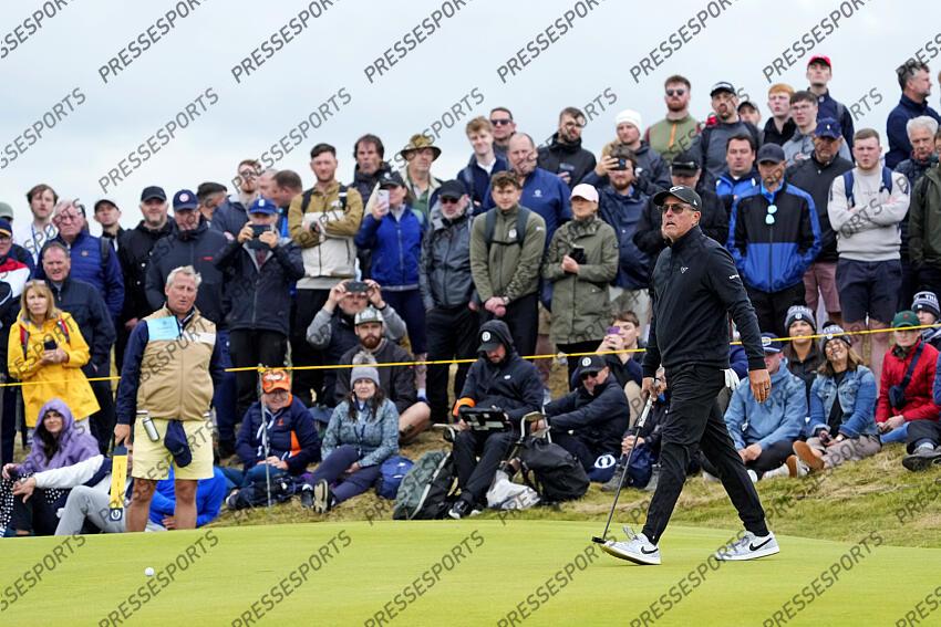 Jul 21, 2024; Ayrshire, SCT; Phil Mickelson reacts to his putt on the third green during the final round of the Open Championship golf tournament at Royal Troon. Mandatory Credit: Jack Gruber-USA TODAY Sports PGA: The Open Championship - Final Round 