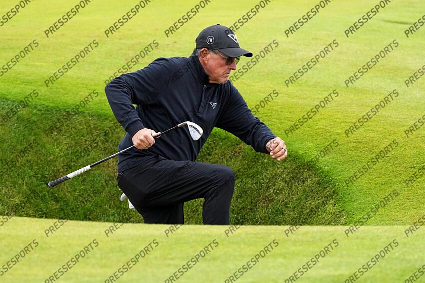Jul 21, 2024; Ayrshire, SCT; Phil Mickelson walks out of a bunker on the 12th hole during the final round of the Open Championship golf tournament at Royal Troon. Mandatory Credit: Jack Gruber-USA TODAY Sports PGA: The Open Championship - Final Round 