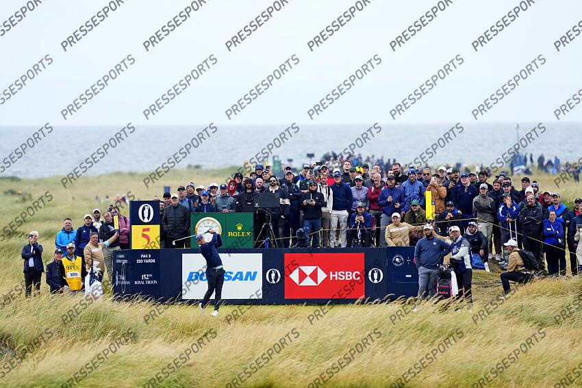 Jul 21, 2024; Ayrshire, SCT; Alex Noren plays his shot from the fifth tee during the final round of the Open Championship golf tournament at Royal Troon. Mandatory Credit: Jack Gruber-USA TODAY Sports PGA: The Open Championship - Final Round 