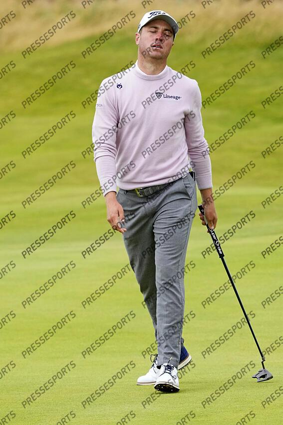 Jul 21, 2024; Ayrshire, SCT; Justin Thomas reacts to his putt on the fourth green during the final round of the Open Championship golf tournament at Royal Troon. Mandatory Credit: Jack Gruber-USA TODAY Sports PGA: The Open Championship - Final Round 