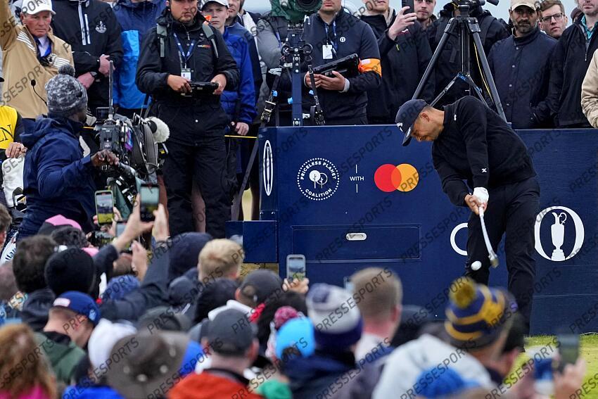 Jul 21, 2024; Ayrshire, SCT; Xander Schauffele plays his shot from the 16th tee during the final round of the Open Championship golf tournament at Royal Troon. Mandatory Credit: Jack Gruber-USA TODAY Sports PGA: The Open Championship - Final Round 