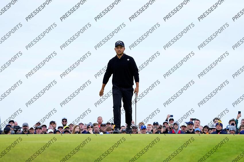 Jul 21, 2024; Ayrshire, SCT; Xander Schauffele reacts to his putt on the 17th green during the final round of the Open Championship golf tournament at Royal Troon. Mandatory Credit: Jack Gruber-USA TODAY Sports PGA: The Open Championship - Final Round 