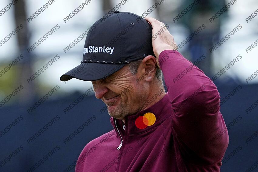 Jul 21, 2024; Ayrshire, SCT; Justin Rose reacts on the 18th green during the final round of the Open Championship golf tournament at Royal Troon. Mandatory Credit: Jack Gruber-USA TODAY Sports PGA: The Open Championship - Final Round 